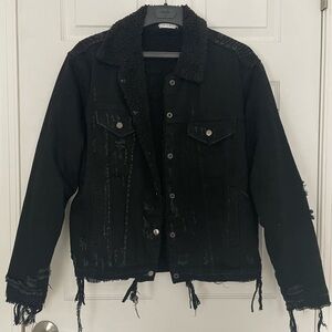 MNML Distressed Sherpa-Lined Denim Trucker Jacket